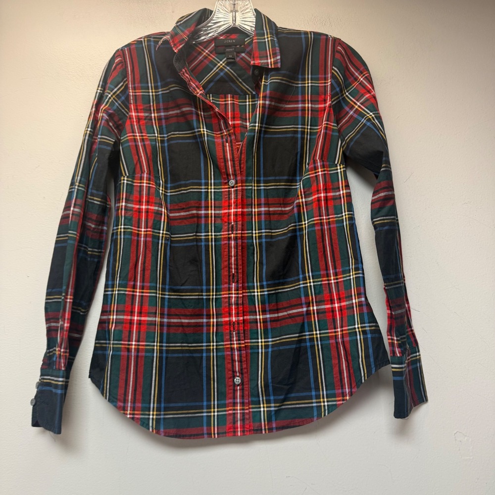 J.Crew Perfect Shirt Women 00 Red Plaid Excellent Cotton Tartan Button Down
